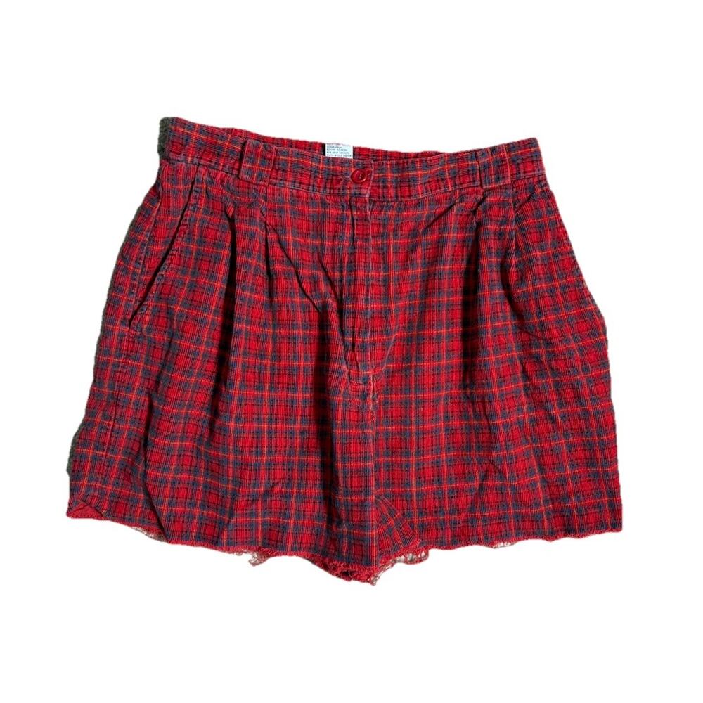Vintage 90s Pleated Corduroy Shorts Sz 8 High Rise Waist Red Plaid Cut Offs Mom